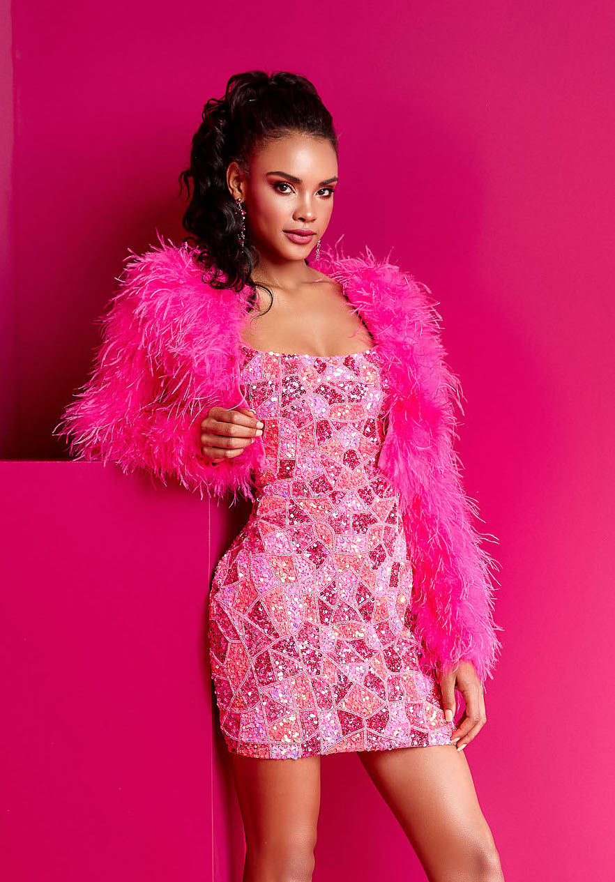 Barbie pink beaded short prom dress with feather jacket
