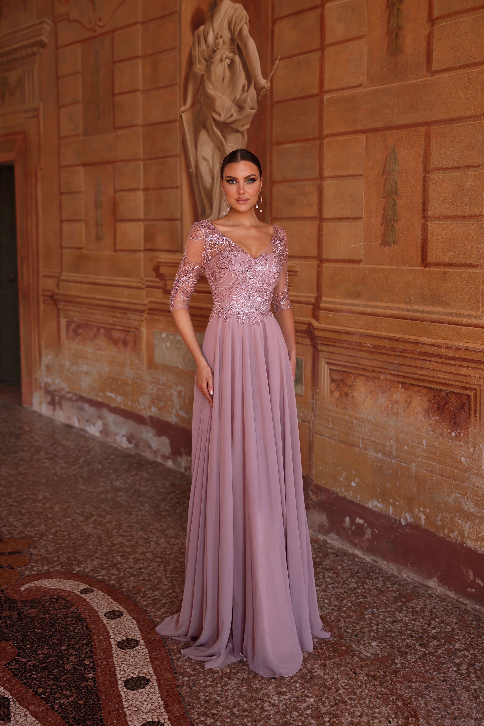 Formal Dress: 27475. Long Chiffon Dress, Illusion Neckline