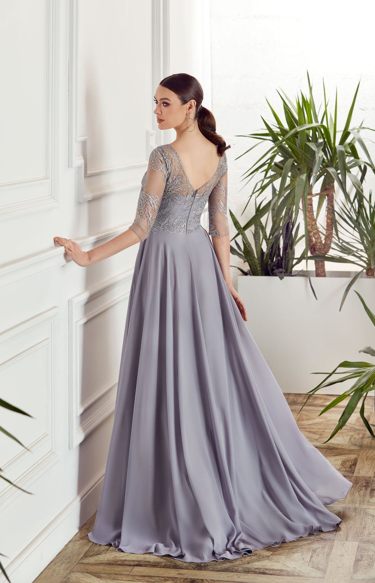 Formal Dress: 27475. Long Chiffon Dress, Illusion Neckline, Flowy