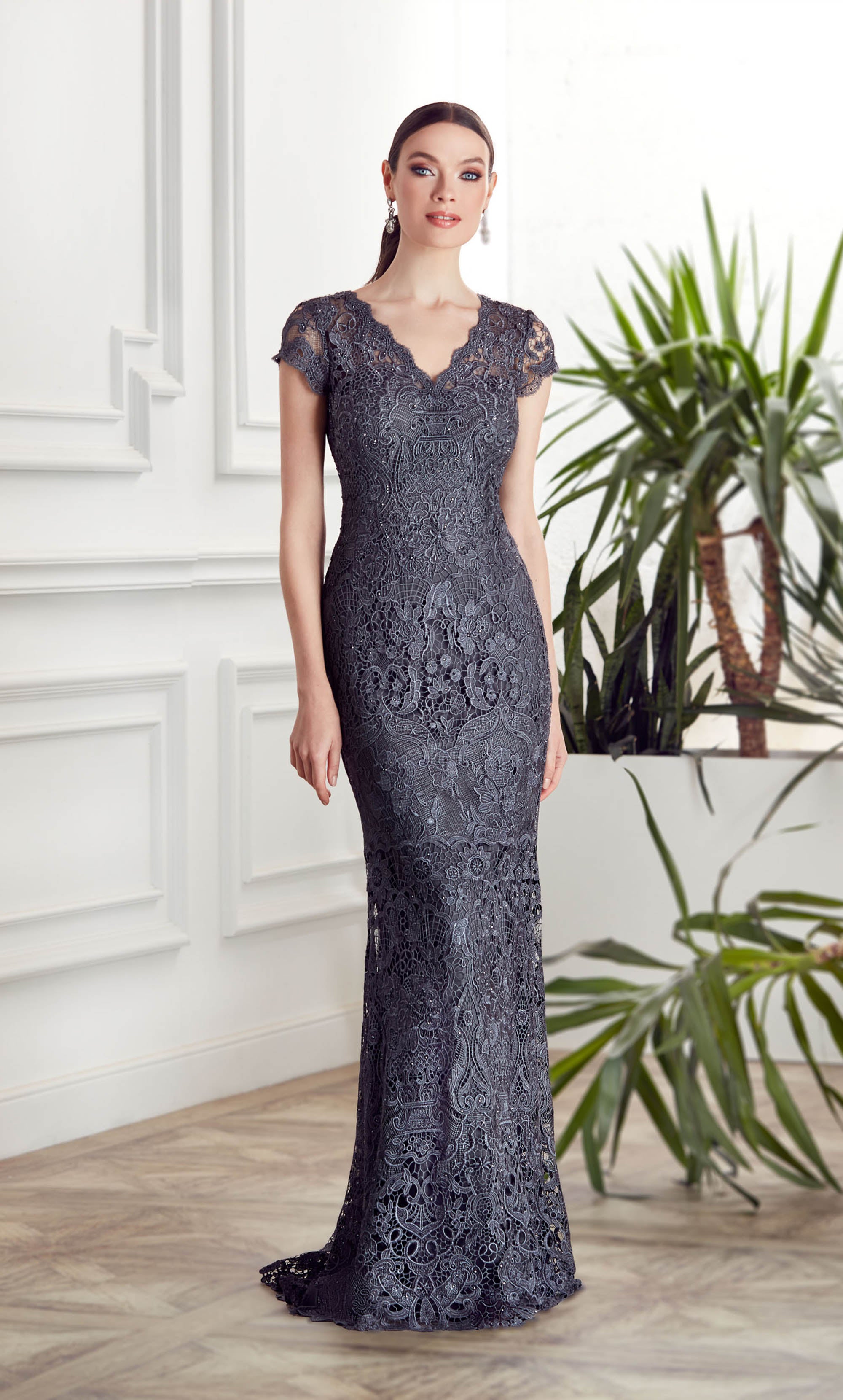 grey dress with lace Mother of the Bride Style #27854 June Bridal Blush Bridesmaids Dress from A Closet Full of Dresses One of our all Long Lace V-neck Tulle A-line
