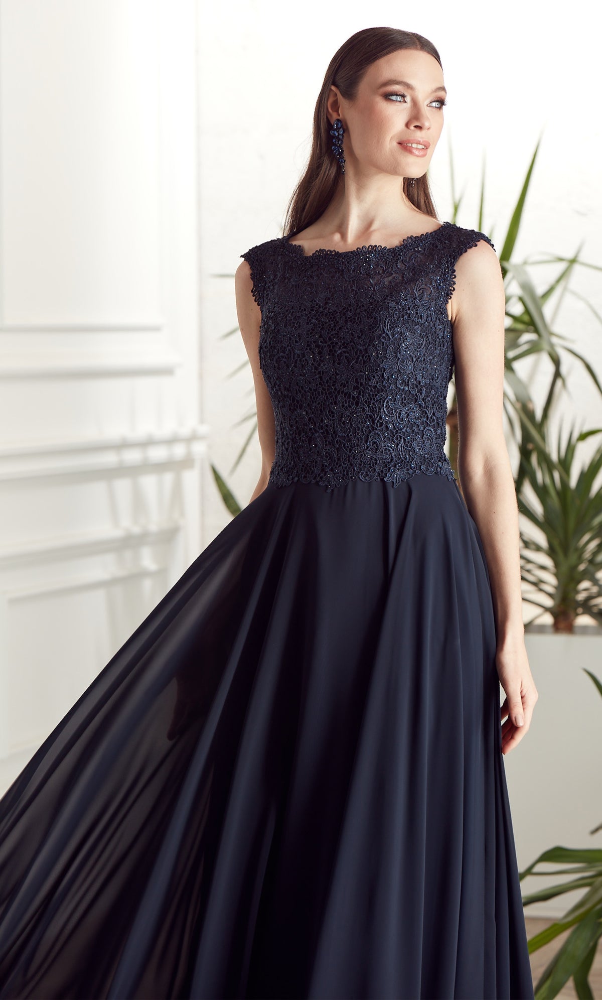 Formal Dress: 27504. Long Formal Dress, Illusion Neckline, Flowy