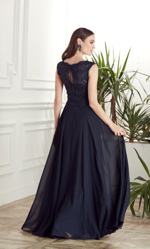 Formal Dress: 27504. Long Formal Dress, Illusion Neckline, Flowy