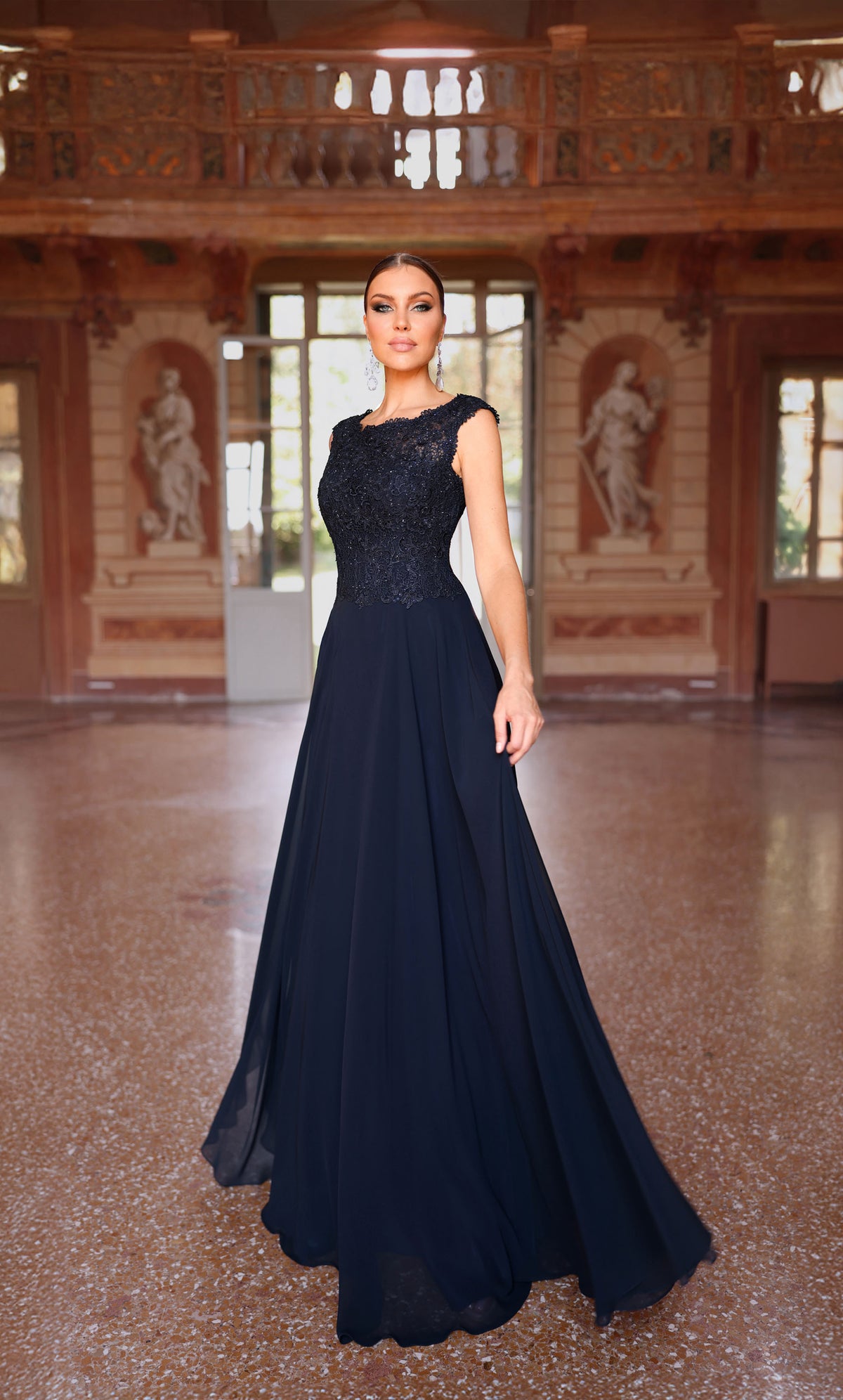 Formal Dress: 27504. Long Formal Dress, Illusion Neckline, Flowy