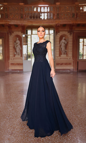 Formal Dress: 27504. Long Formal Dress, Illusion Neckline, Flowy