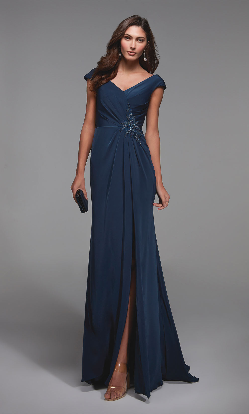 Formal Dress: 27508. Long Ruched Dress, V-neck, Straight | Alyce Paris