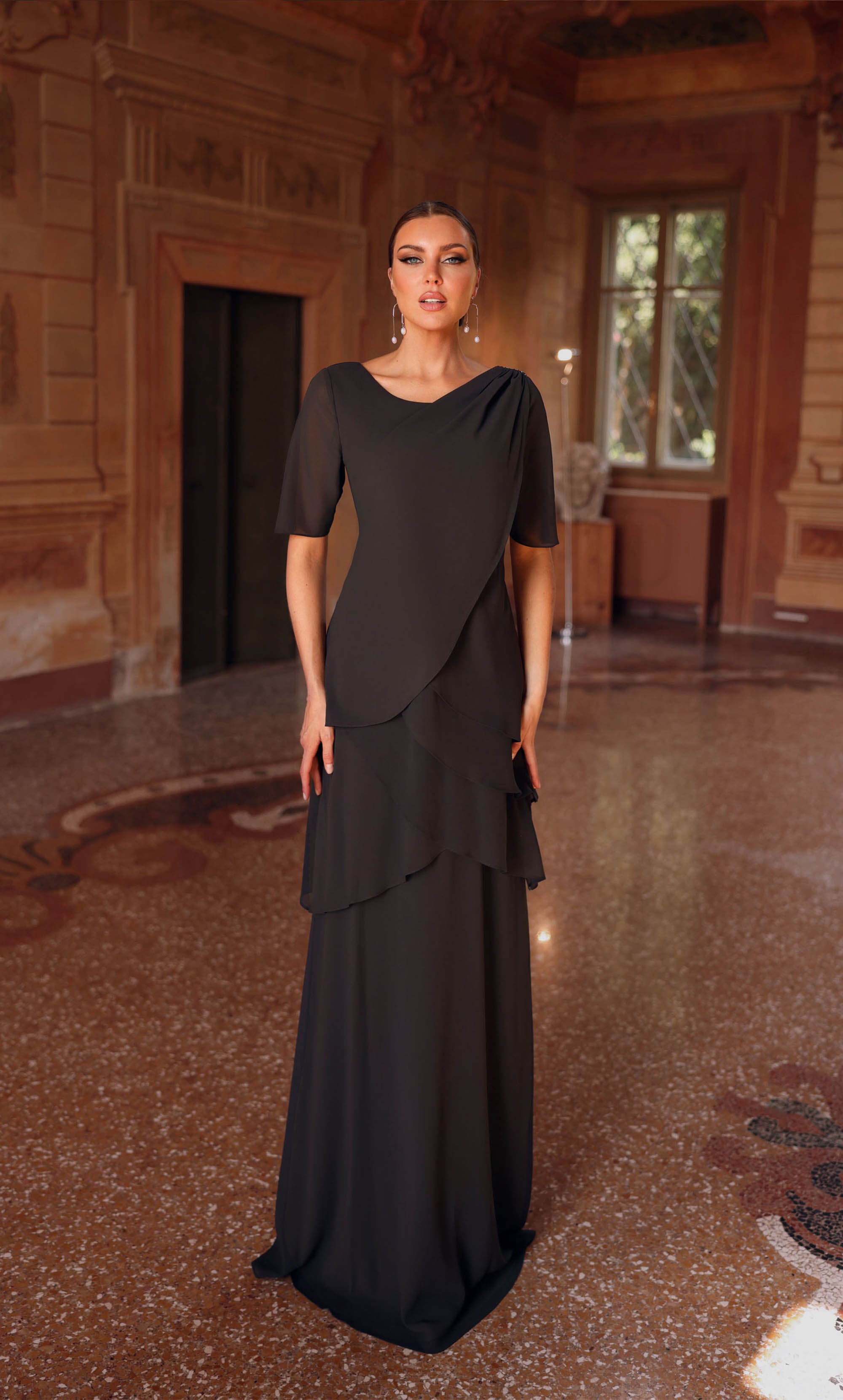 Formal Dress: 27593. Long, Scoop Neck, Straight, Closed Back