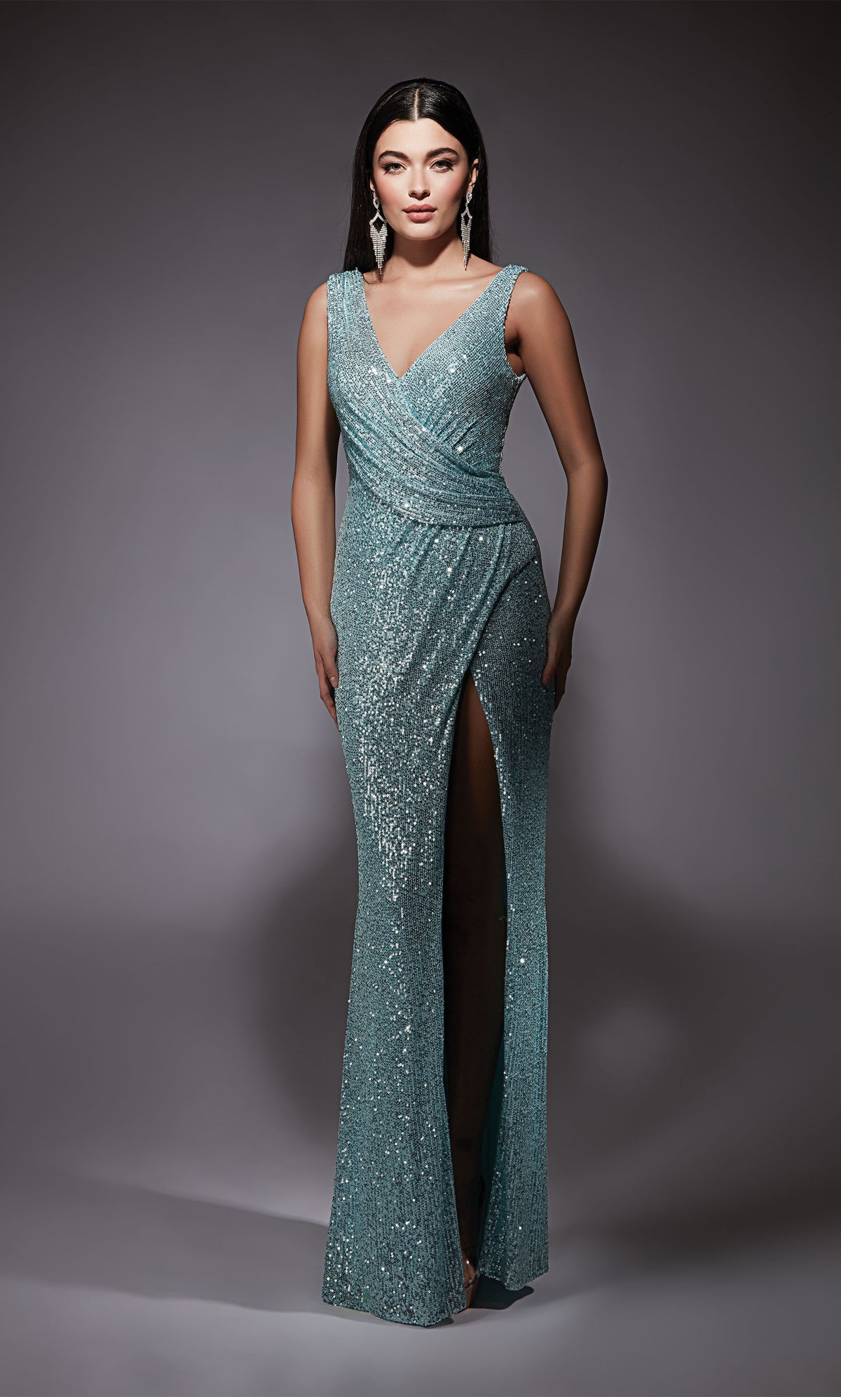 Formal Dress: 27653. Long, V-neck, Straight, V Shaped Back