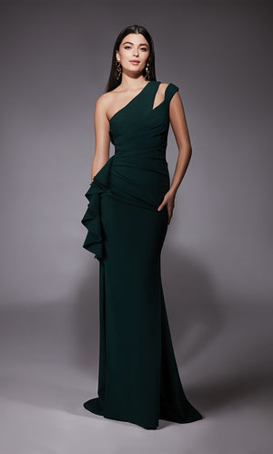 Forest green long evening gown highlighting a cutout, one shoulder neckline, pleated detail, side ruffle, and side slit.