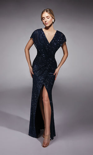 Formal Dress: 27729. Long, V-neck, Straight, V Shaped Back