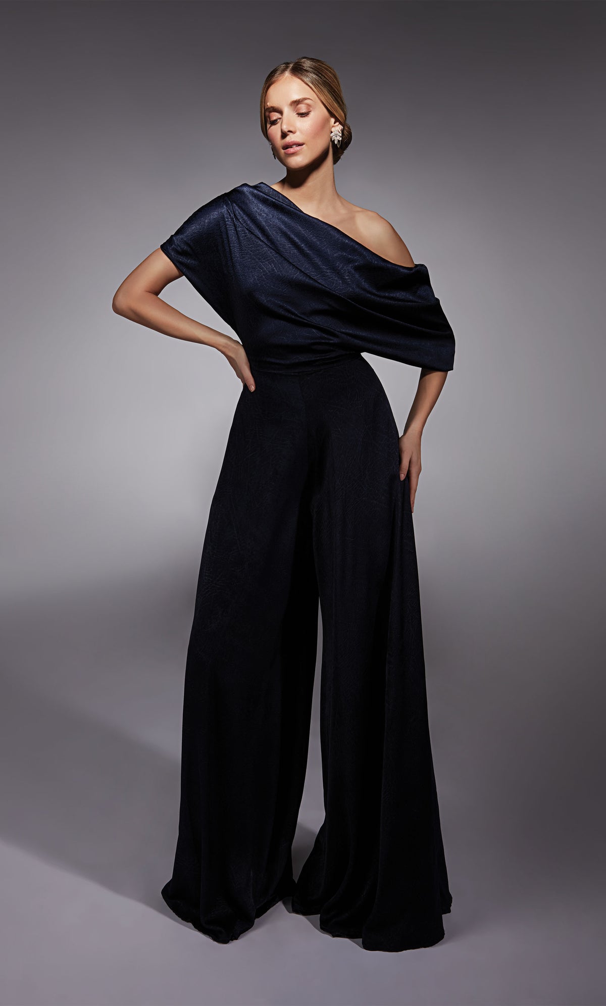 Formal Dress: 27743. Long, One Shoulder, Jumpsuit, Closed Back