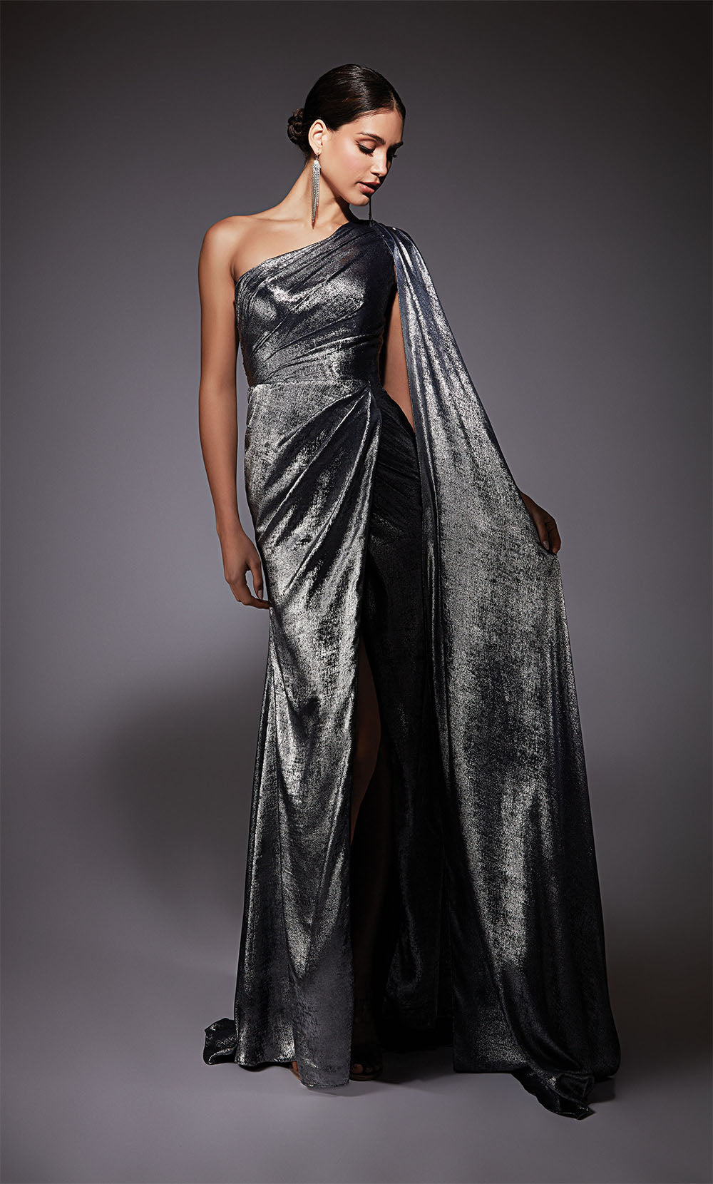 silver one shoulder dress Formal Dress: 27753. Long, One Shoulder, Straight, Closed Back | Alyce Paris