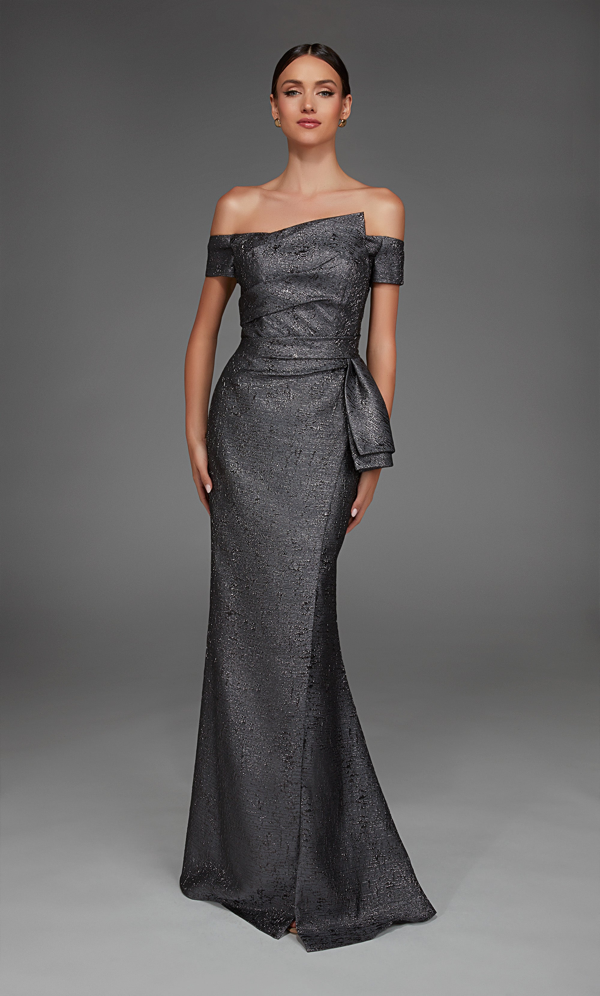 grey black tie dress Teagan Gown in Black Fitted Satin & Lace Dress