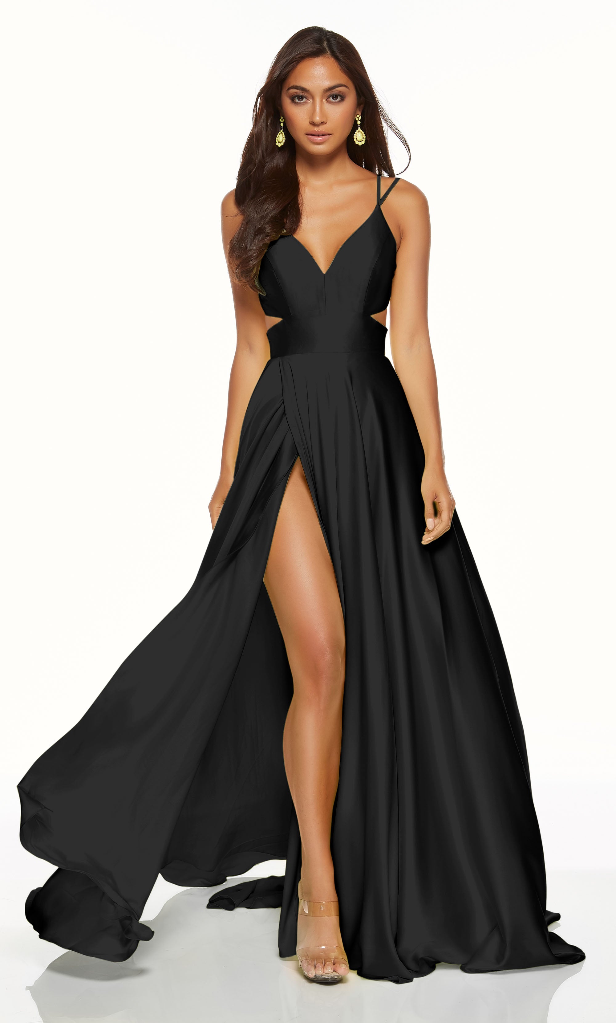 Formal Dress: 60453. Long, V-Neck, Flowy, Cutout Back