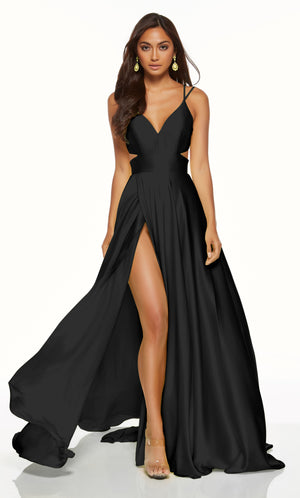Flowy satin prom dress with a V-neckline, side cutouts, and high side slit. 