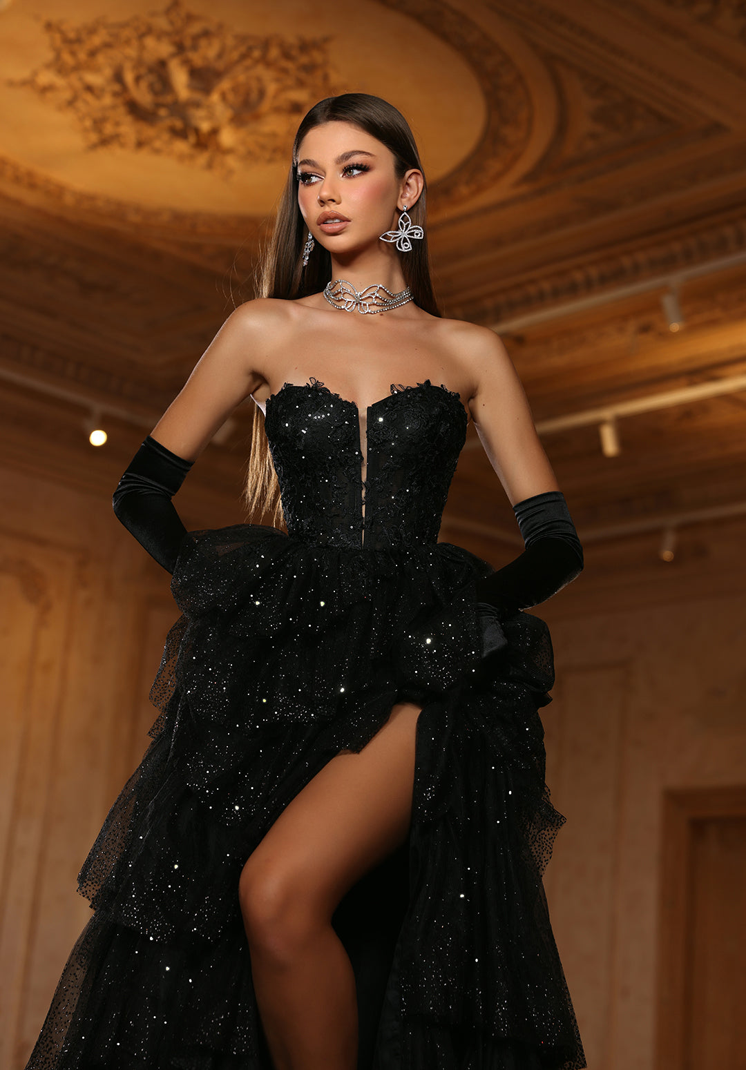 Iconic ALYCE Paris sparkly strapless layered ballgown with high slit.
