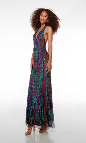 Dazzling black-multi colored sequin formal dress with an V-shaped halter neckline and open back for an glamorous and eye-catching look.