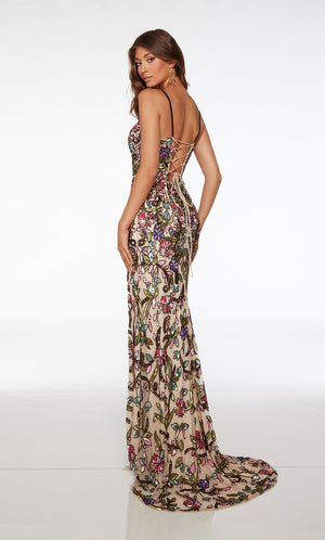 ALYCE Paris 61687 Alyce Long Plunging Neckline Front Slit, Floral Patter  Dress