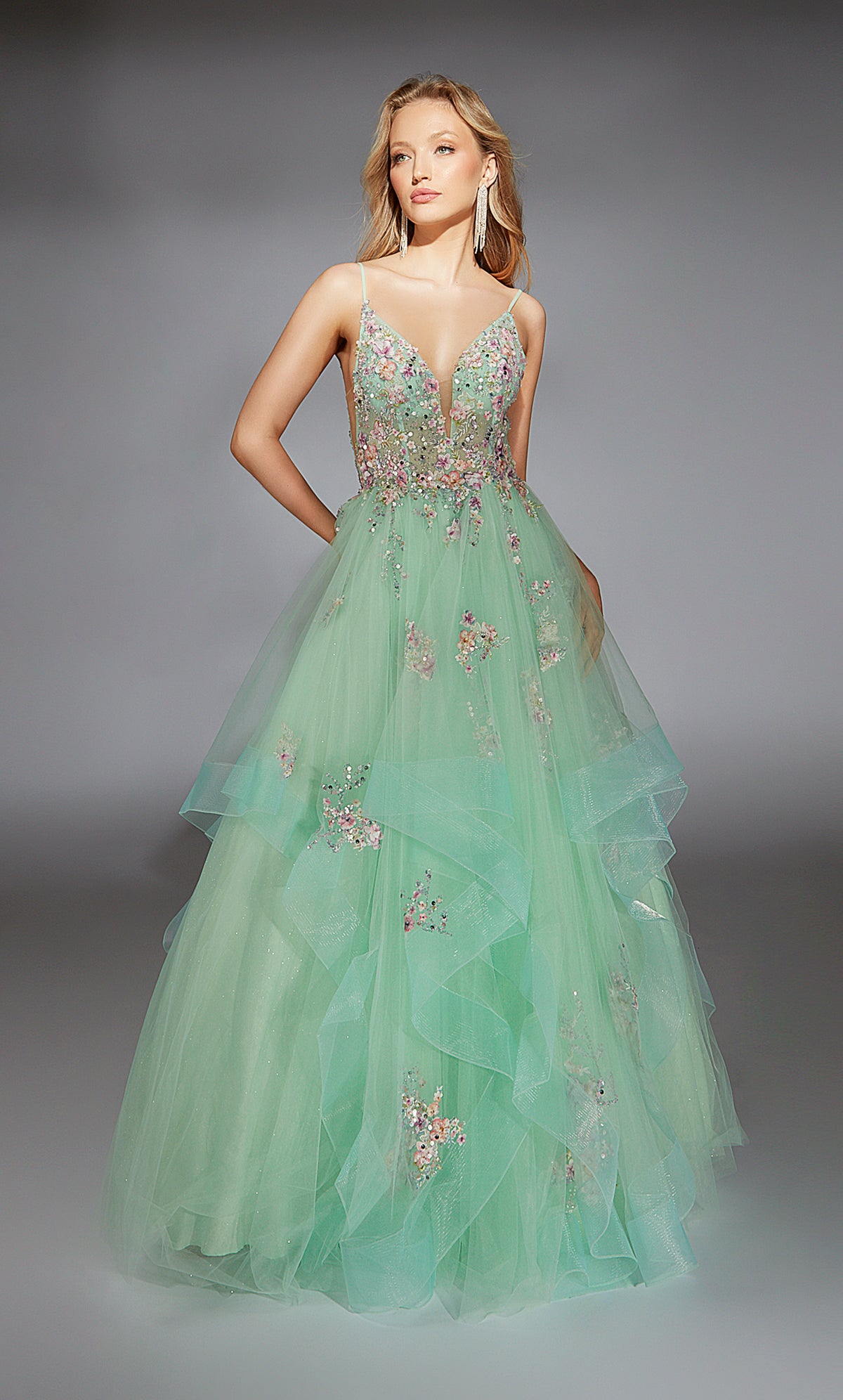 Formal Dress: 61735. Long, Plunging Neckline, Ballgown, V Shaped Back