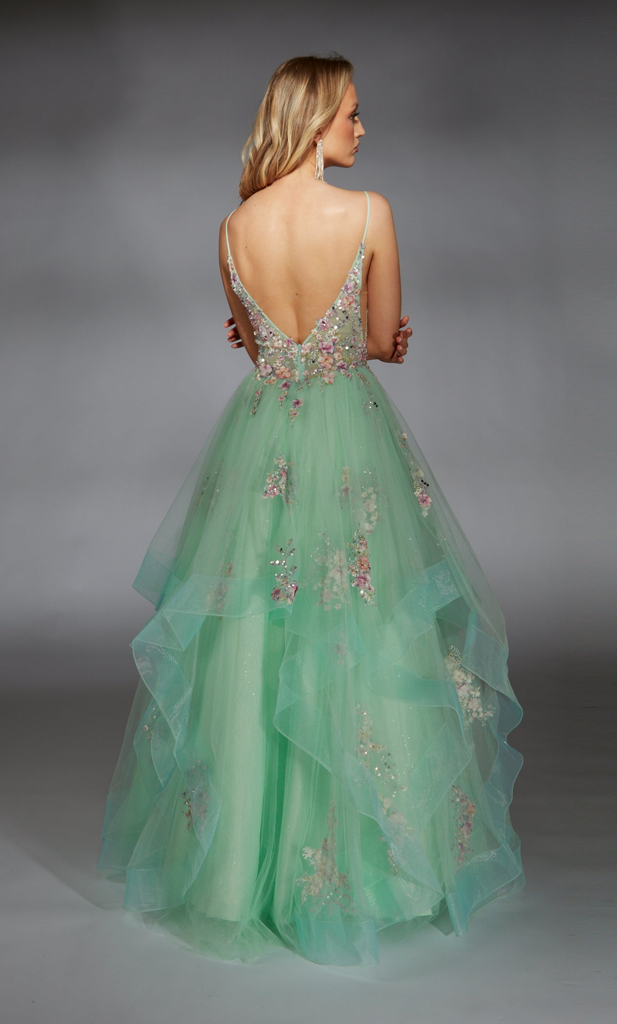 Formal Dress: 61735. Long, Plunging Neckline, Ballgown, V Shaped Back