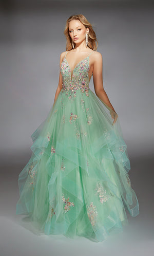 Formal Dress: 61735. Long, Plunging Neckline, Ballgown, V Shaped Back