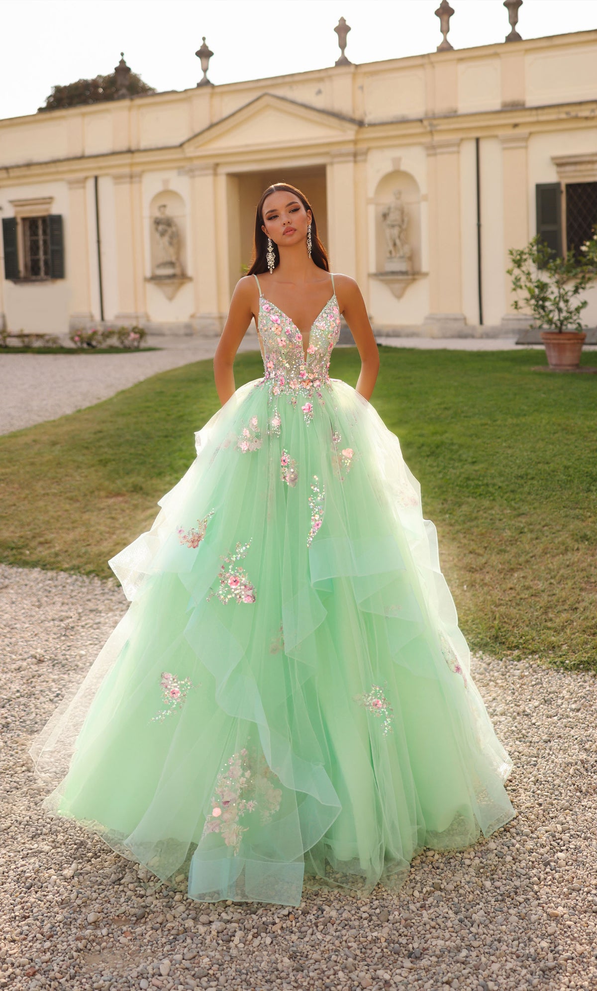 Formal Dress: 61735. Long, Plunging Neckline, Ballgown, V Shaped Back