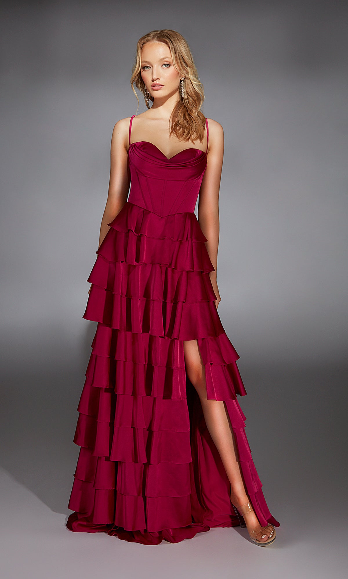 Formal Dress: 61738. Long, Cowl Neck, A Line, Lace Up Back