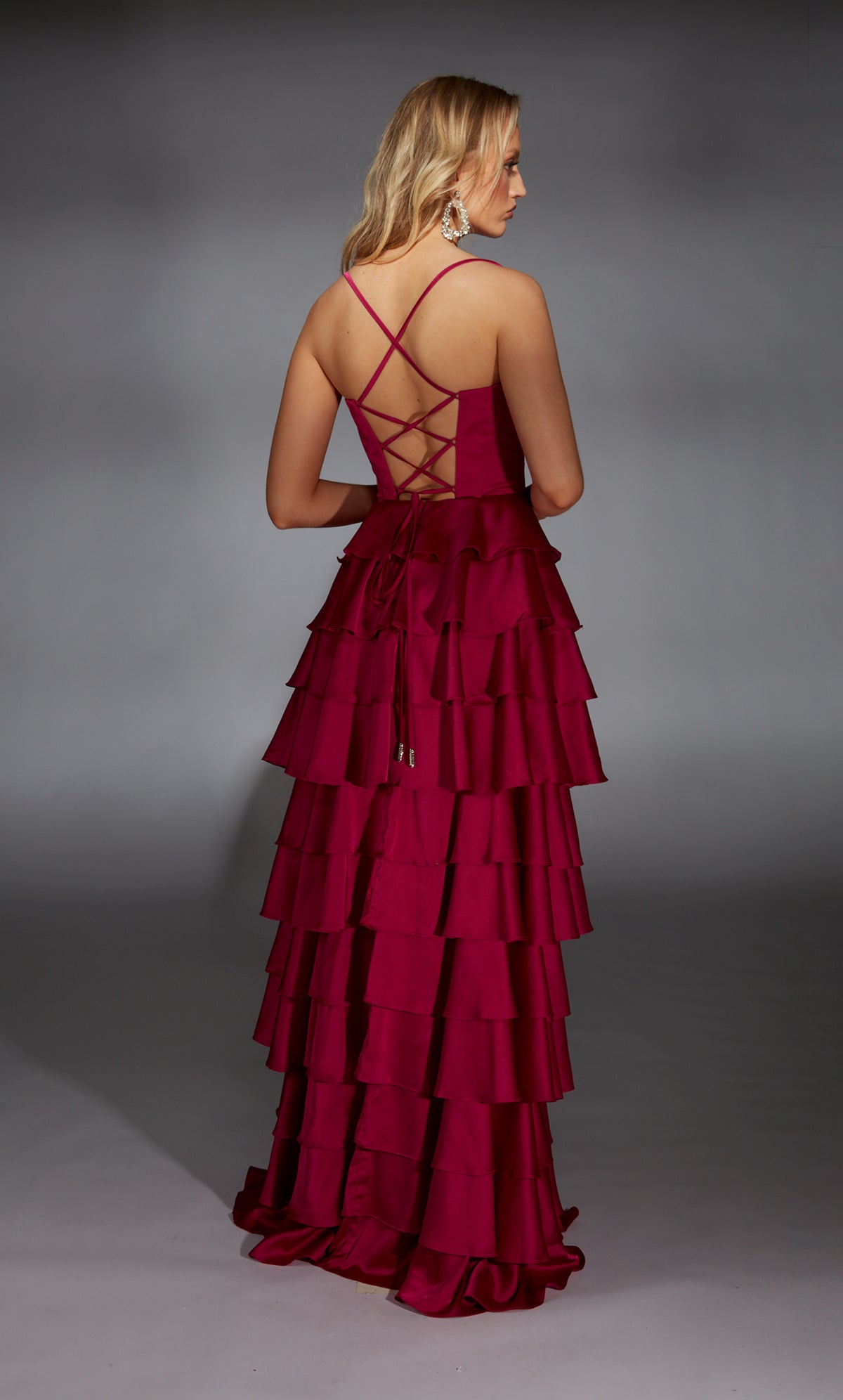 Formal Dress: 61738. Long, Cowl Neck, A Line, Lace Up Back