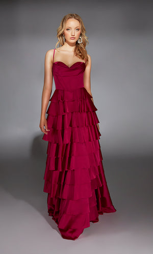 Formal Dress: 61738. Long, Cowl Neck, A Line, Lace Up Back