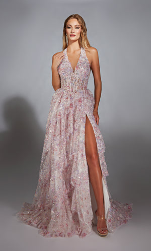 Formal Dress: 61740. Long, Halter Neckline, A Line, V Shaped Back