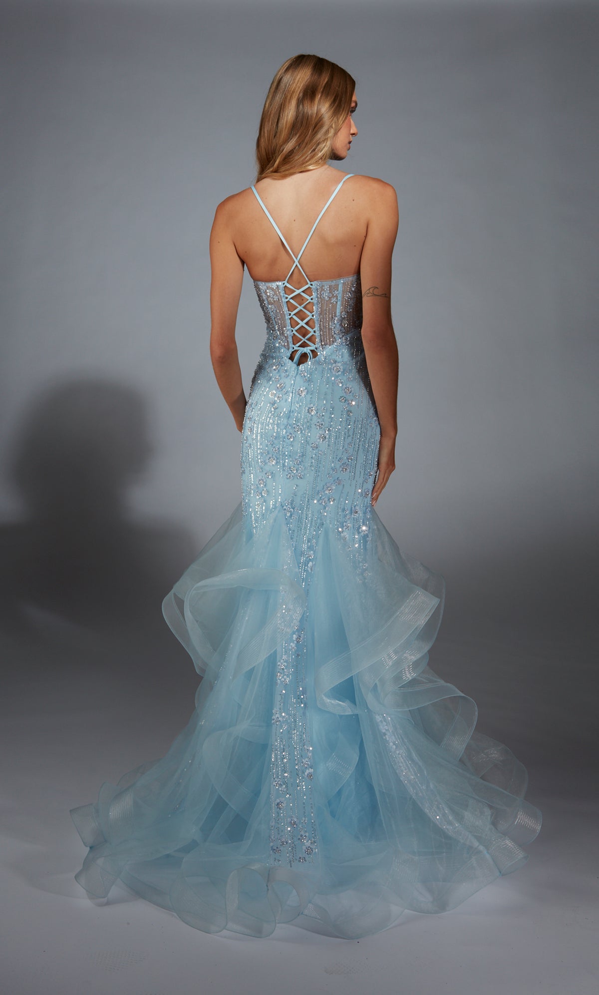 Formal Dress: 61749. Long, Plunging Neckline, Mermaid, Lace-up Back