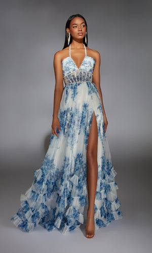 Formal Dress: 61757. Long, Halter Neckline, A Line, Lace Up Back