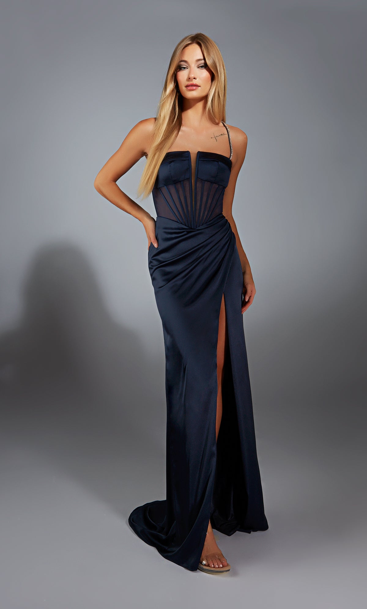 Formal Dress: 61766. Long, Plunging Neckline, Straight, Lace-up Back