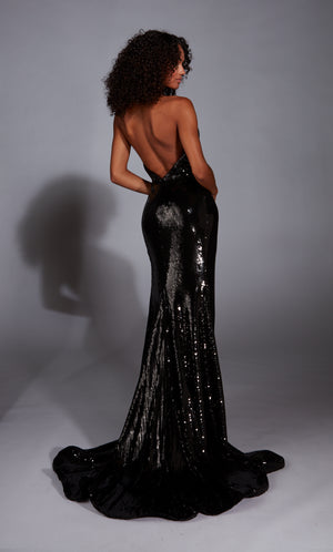 Formal Dress: 61772. Long, Halter Neckline, Straight, V Shaped Back