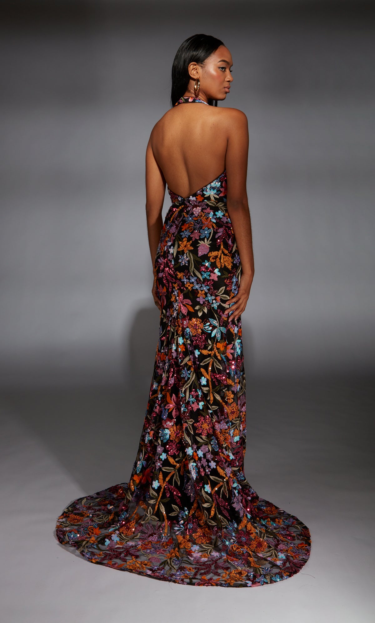 Formal Dress: 61813. Long, Halter Neckline, Straight, V Shaped Back