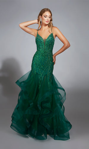 Formal Dress: 61818. Long, Plunging Neckline, Mermaid, Lace-up Back