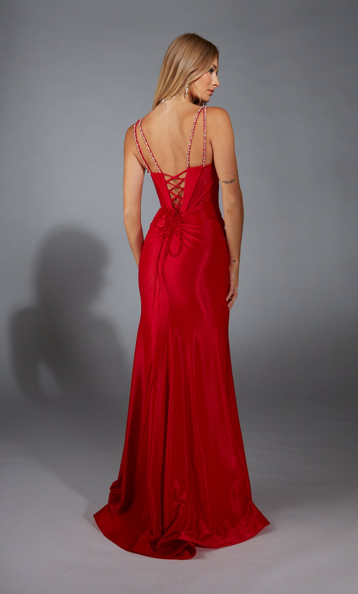 Formal Dress: 61830. Long, Plunging Neckline, Fit N Flare, Lace-up Back