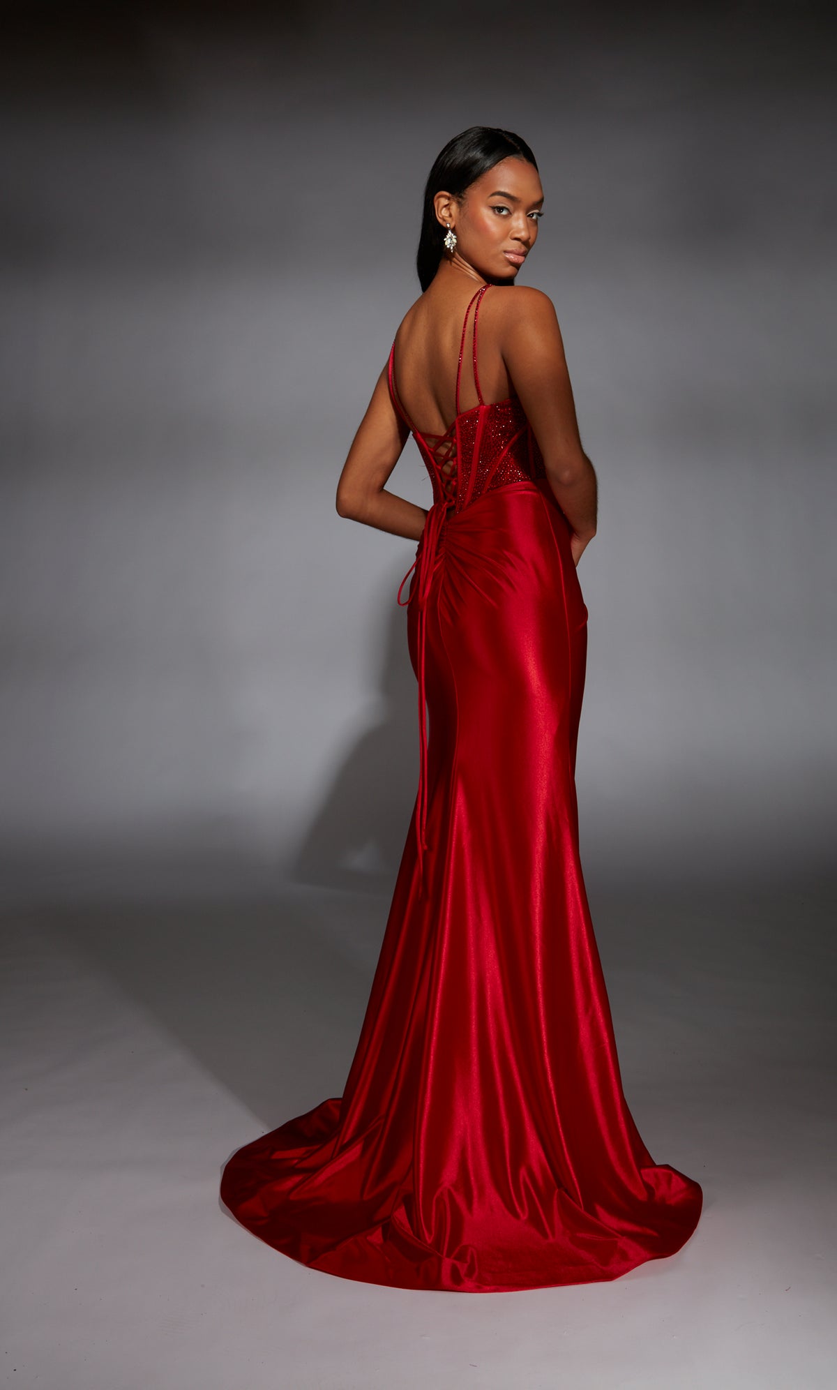 Formal Dress: 61832. Long, Plunging Neckline, Straight, Lace-up Back