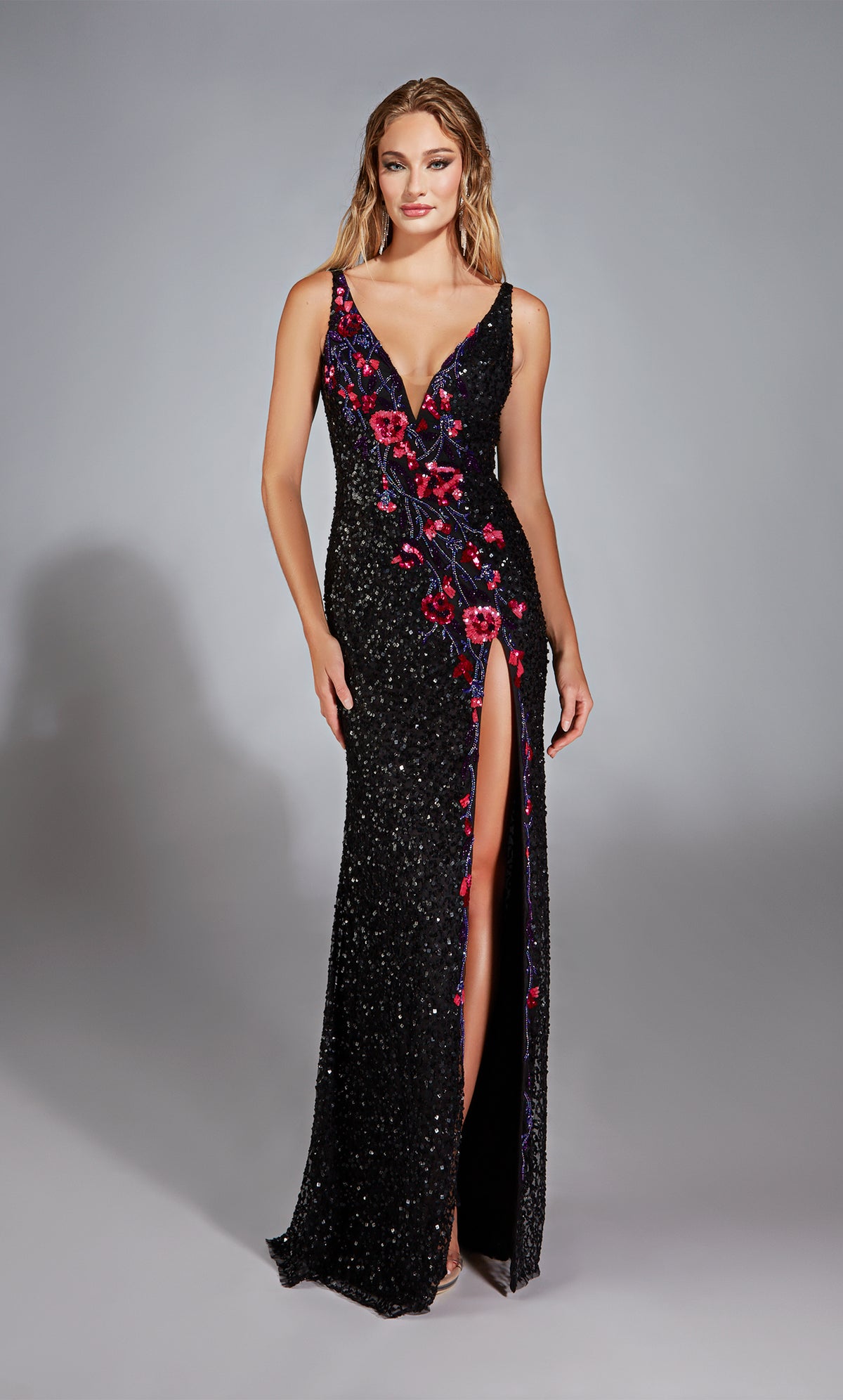 Formal Dress: 61841. Long, V-neck, Straight, V Shaped Back