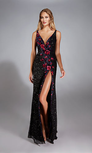 Formal Dress: 61841. Long, V-neck, Straight, V Shaped Back