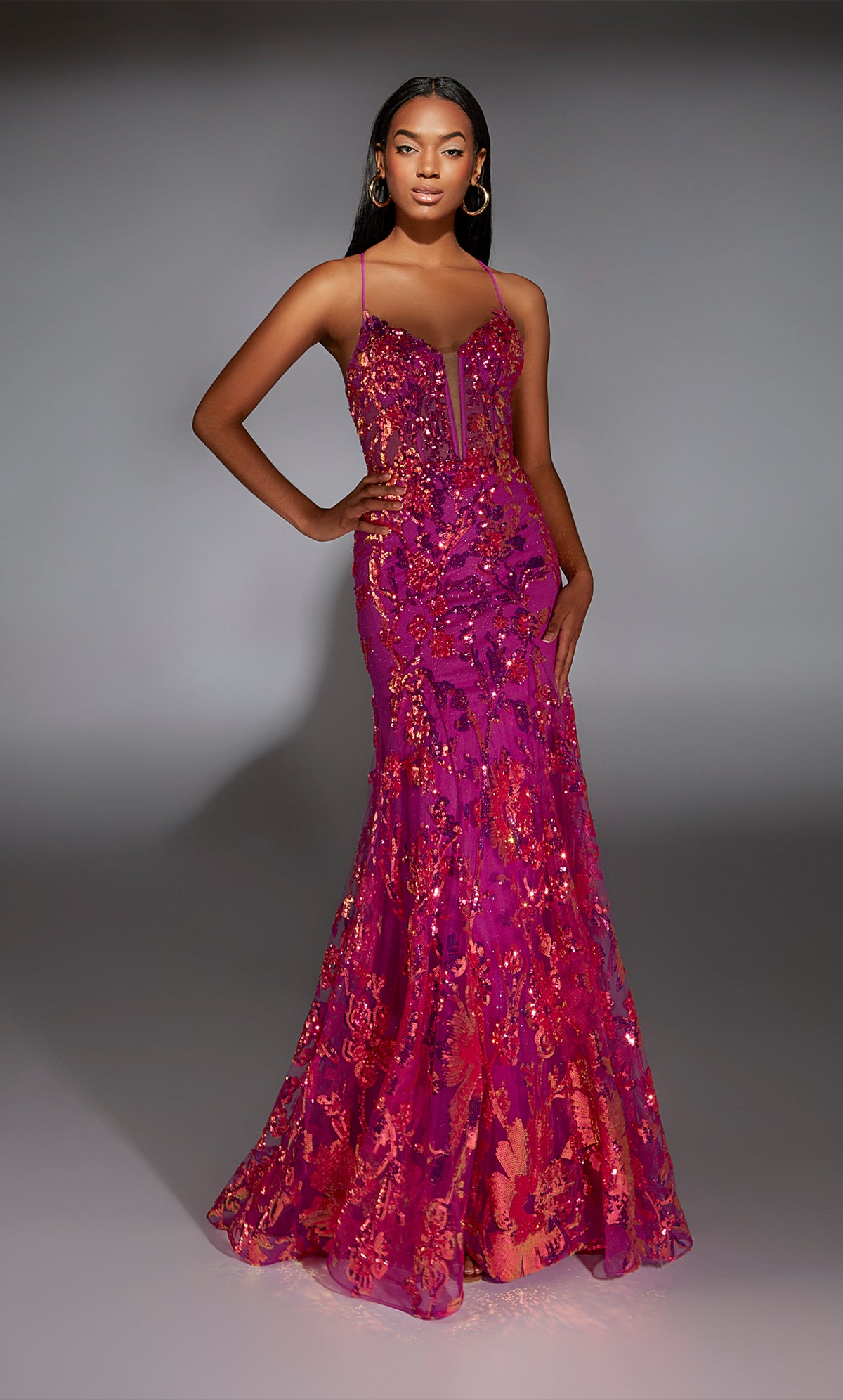 Formal Dress: 61854. Long, Plunging Neckline, Mermaid, Lace-up Back