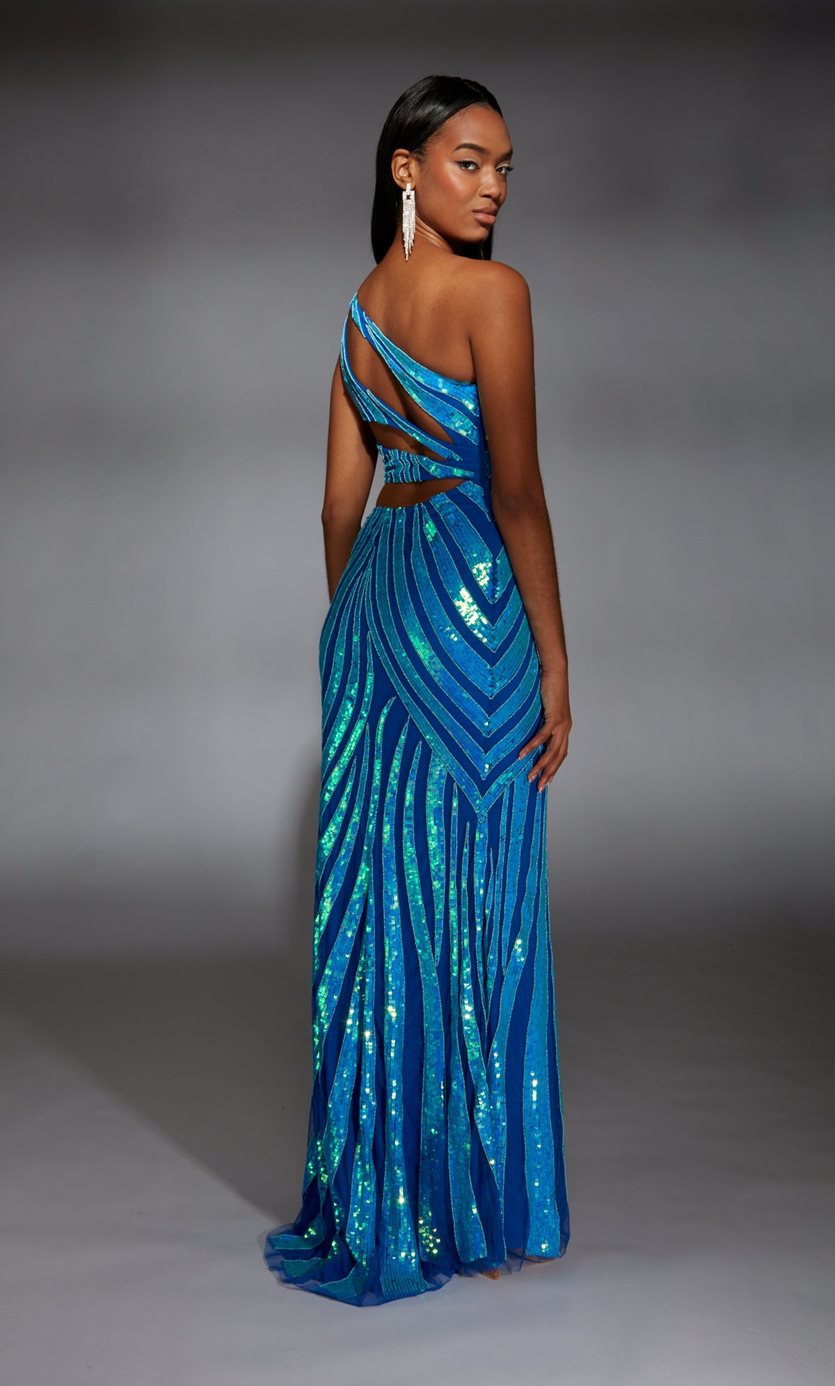 Formal Dress: 61877. Long, One Shoulder, Straight, Cut Out Back