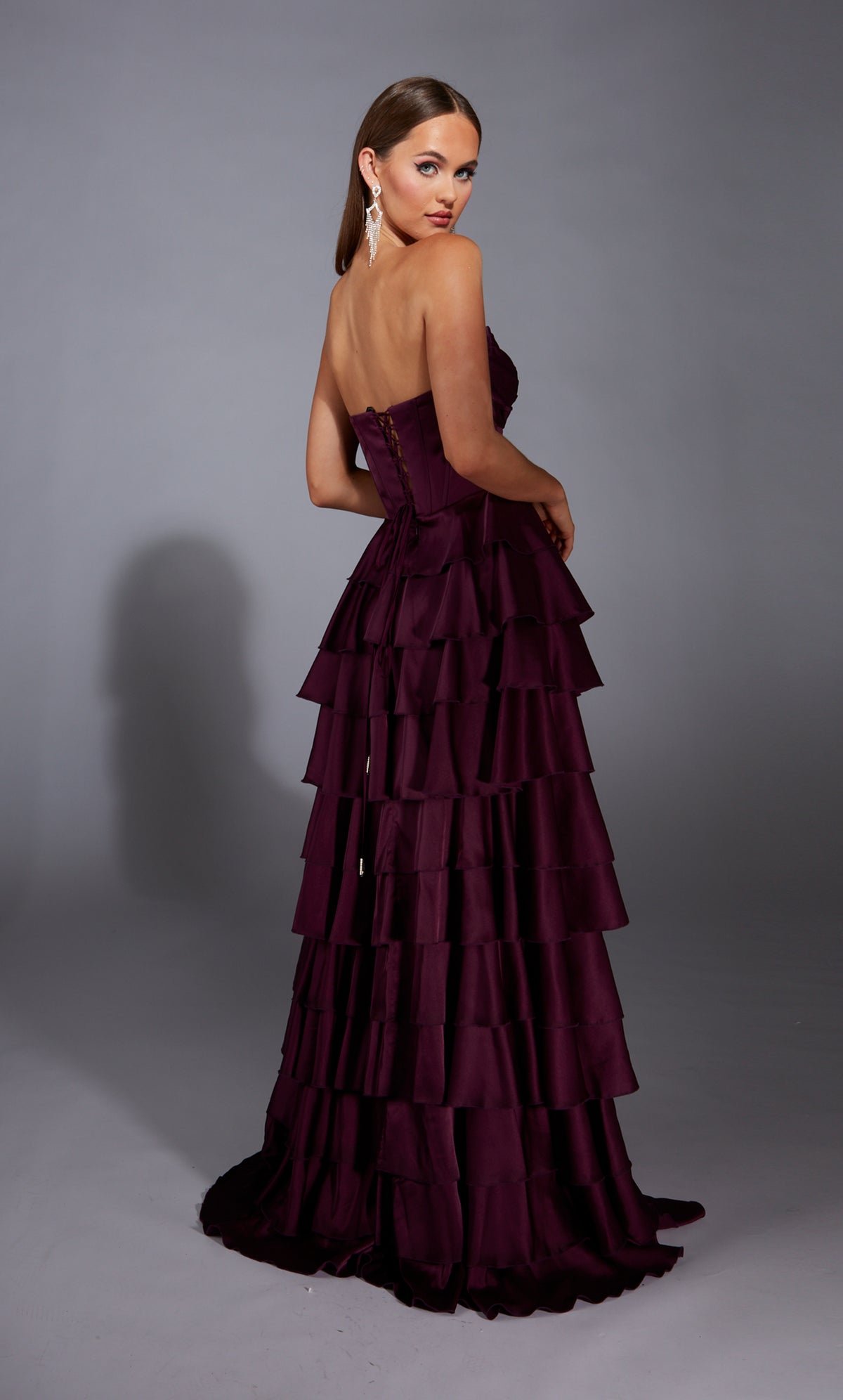 Formal Dress: 61889. Long, Plunging Neckline, A Line, Lace-up Back