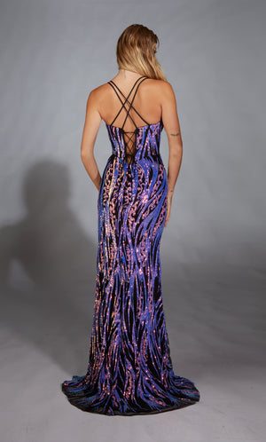 Formal Dress: 61897. Long, V-neck, Straight, Lace-up Back