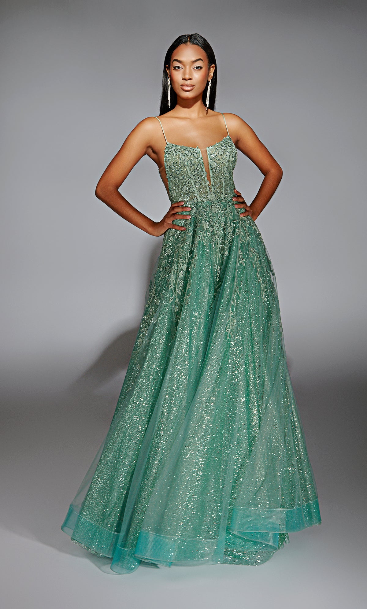 Formal Dress: 61915. Long, Plunging Neckline, Medium Fullness, Lace-up Back