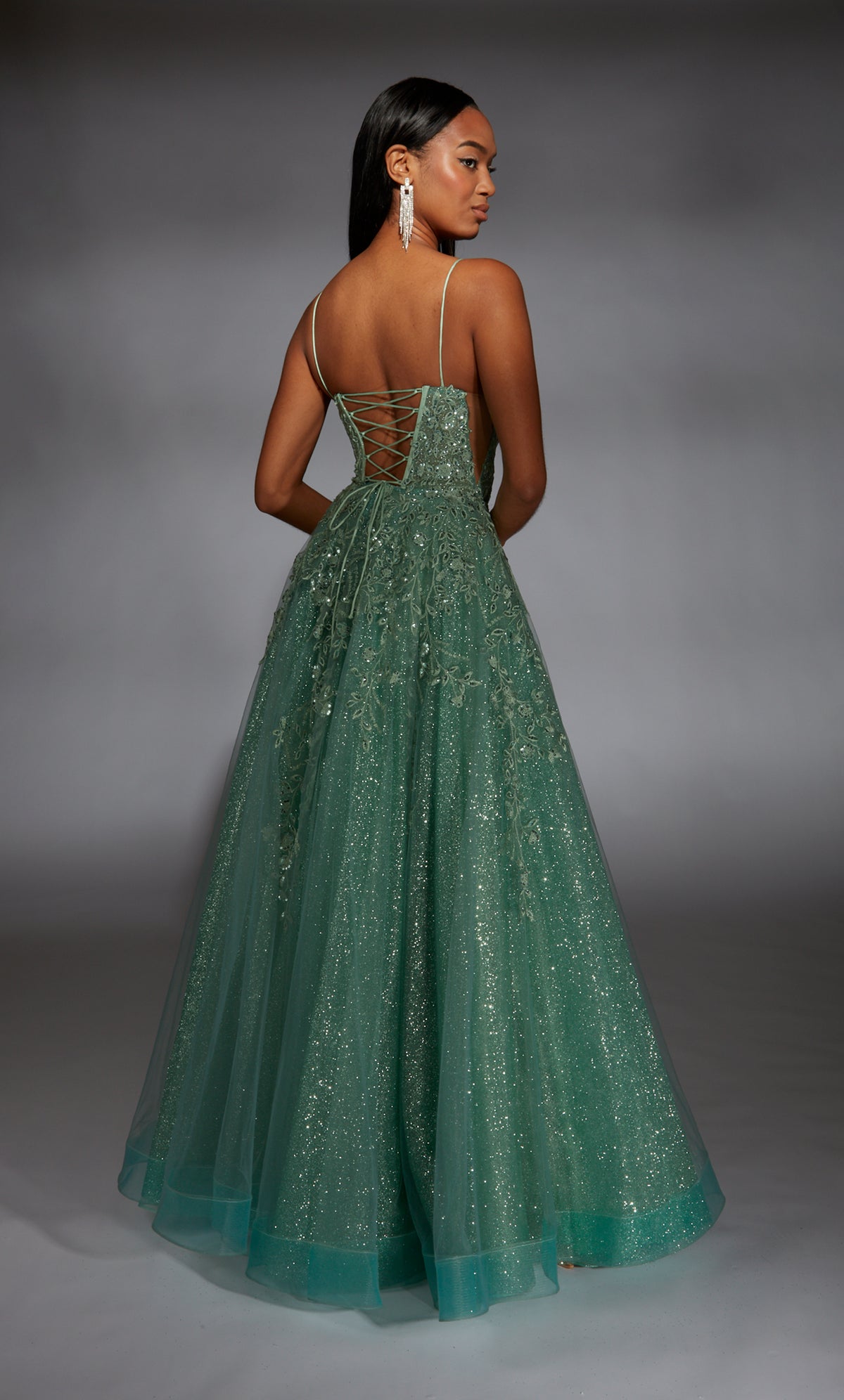 Formal Dress: 61915. Long, Plunging Neckline, Medium Fullness, Lace-up Back