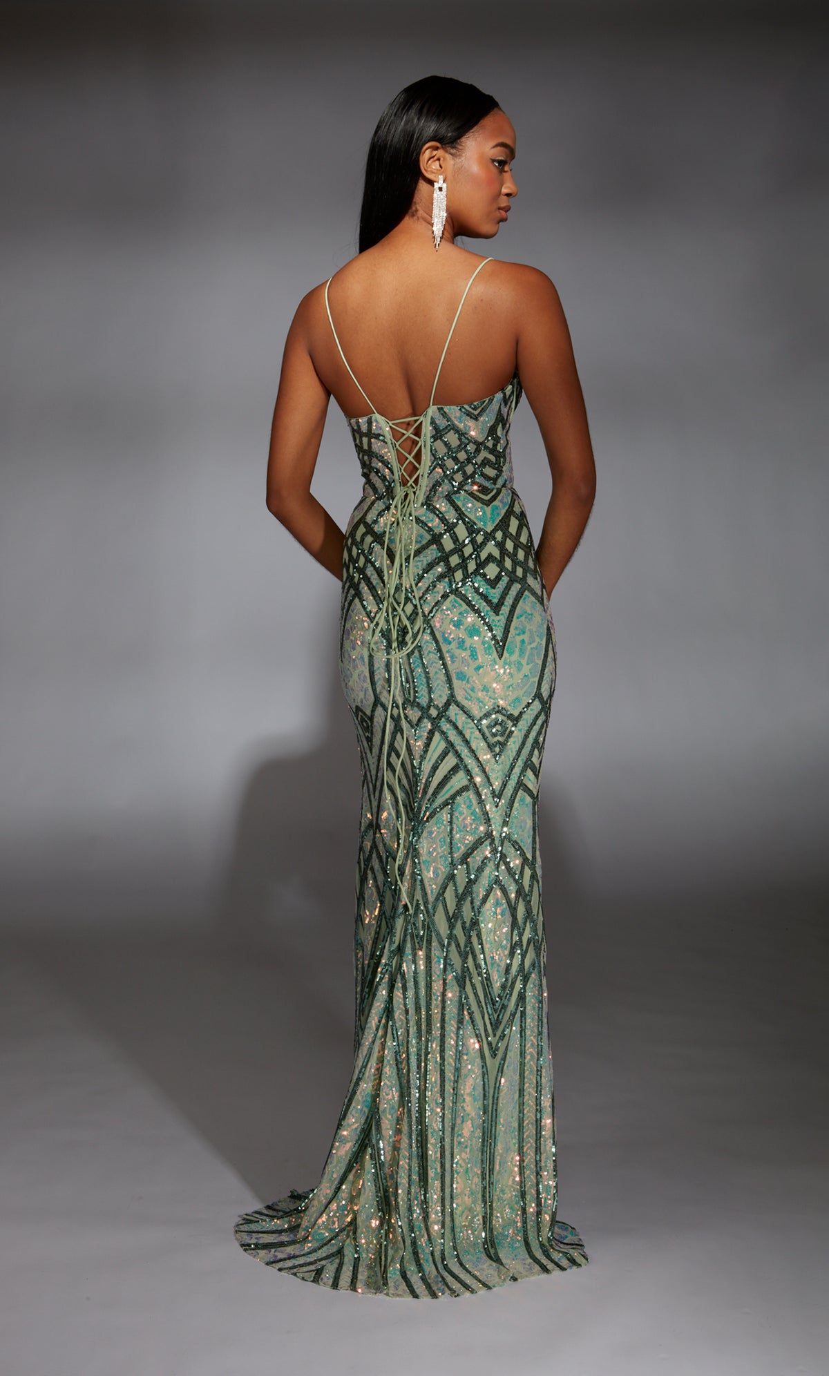 Formal Dress: 61919. Long, Plunging Neckline, Straight, Lace-up Back