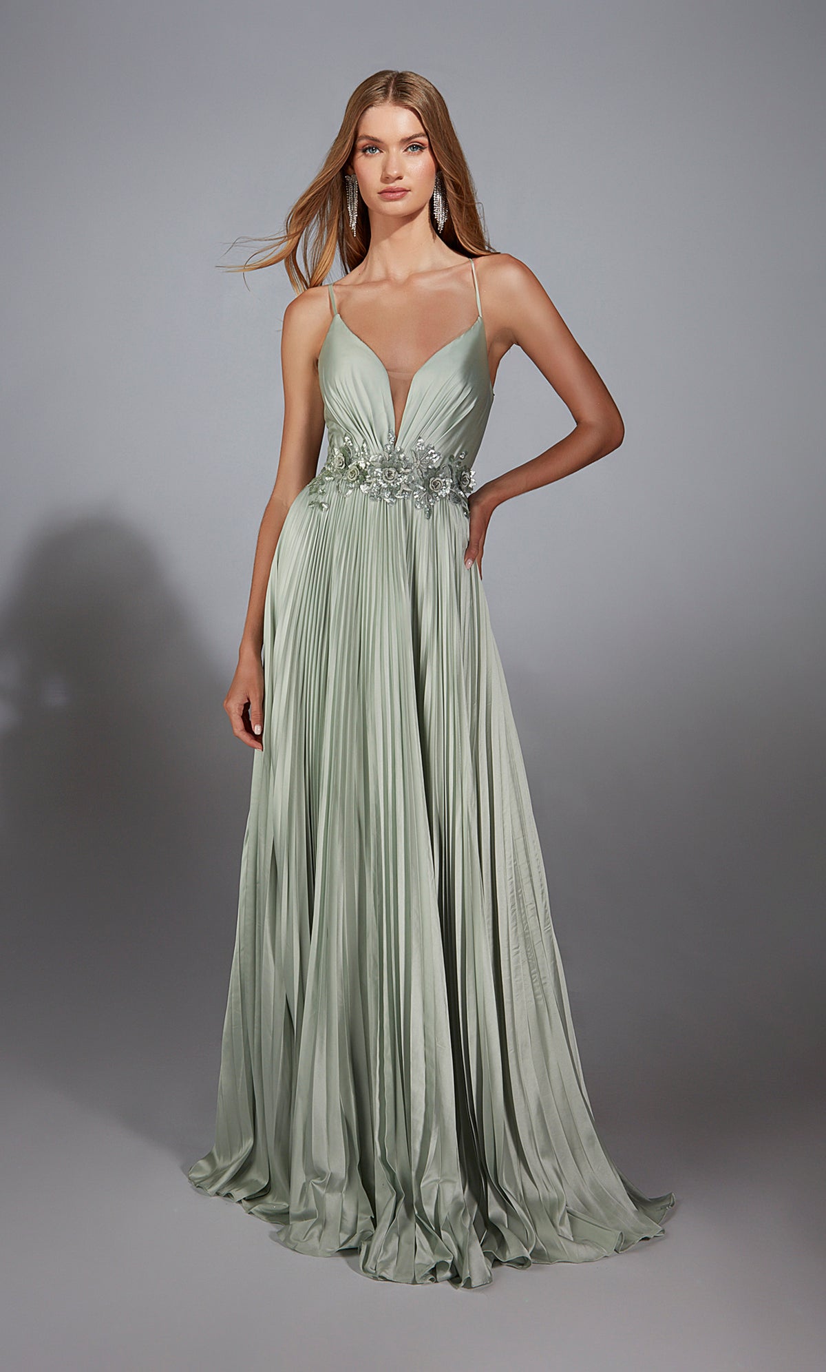 Formal Dress: 61923. Long, Plunging Neckline, A Line, Lace-up Back