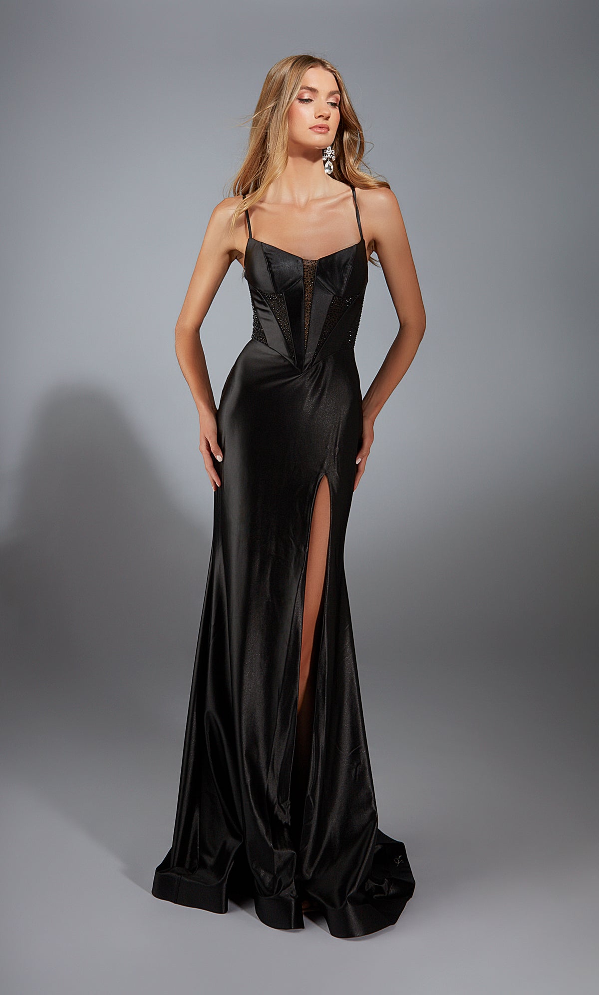 Formal Dress: 61950. Long, Plunging Neckline, Fit N Flare, Lace-up Back