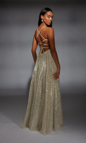 Formal Dress: 61973. Long, V-neck, A Line, Lace-up Back