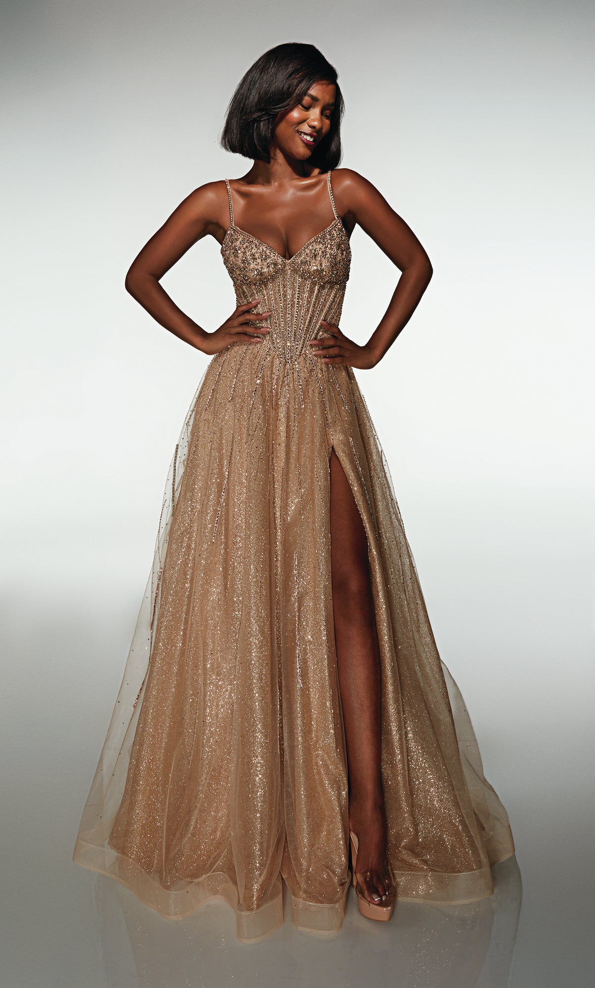 ALYCE Paris 62093 Alyce Long V-neckline Shimmery/sparkly A Line Dress